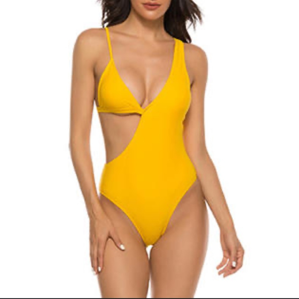 New Matte Collection Yellow Asymmetrical Cutout One-Piece Swimsuit